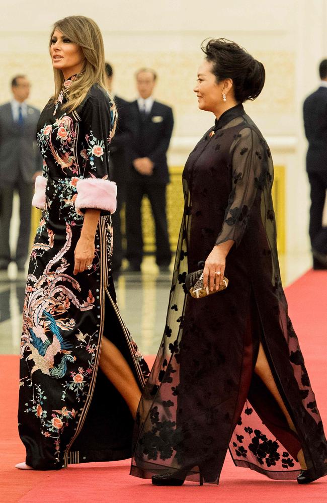 Gucci-clad Melania Trump with Peng Liyuan, wife of China's President Xi Jinping, in the Great Hall of the People in Beijing. Picture: AFP