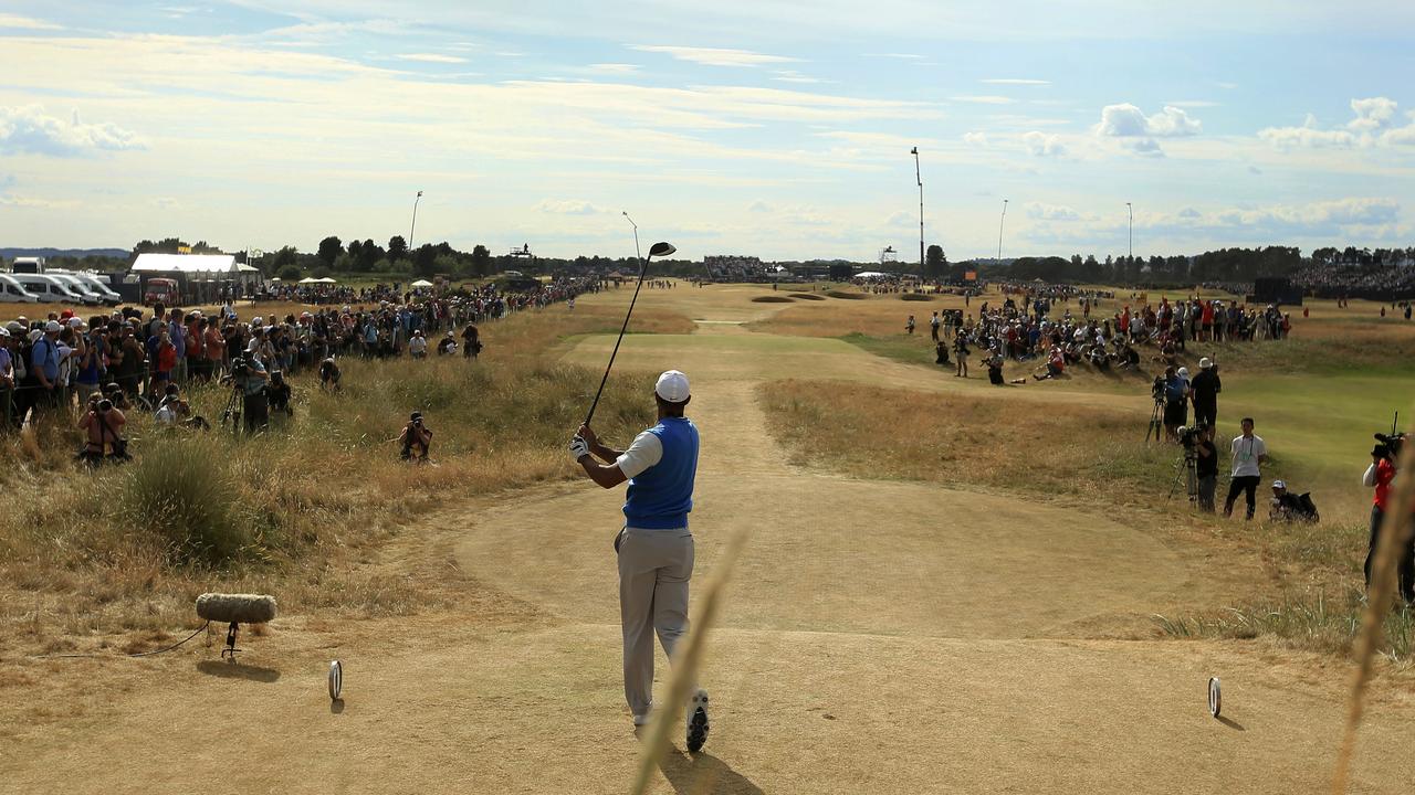 Tiger Woods plays off the 6th tee at Carnoustie.