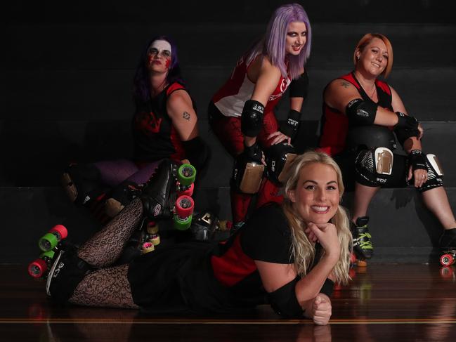 Members of the East Coast Derby Dolls will be out for victory against visiting team from Bundaberg, the Rum City Derby Dolls in a guaranteed bone-crunching affair. J'Aime Bache aka Medusa Damage (front), Nikki Kay aka Bravetart, Lucy Fouche aka Lucious and Laura Hoad aka Crank. Picture by Scott Fletcher