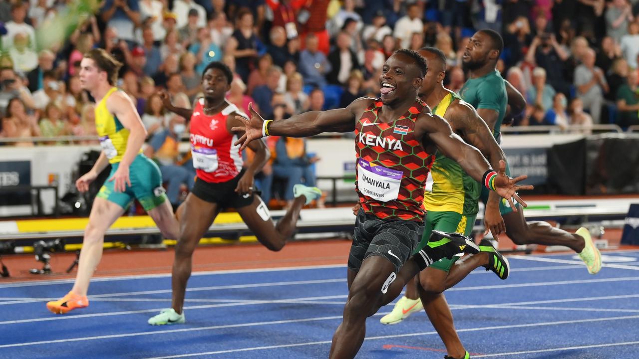 Kenya’s Ferdinand Omanyala wins the men’s 100m in 10.02sec with Rohan Browning sixth. Picture: David Ramos/Getty Images