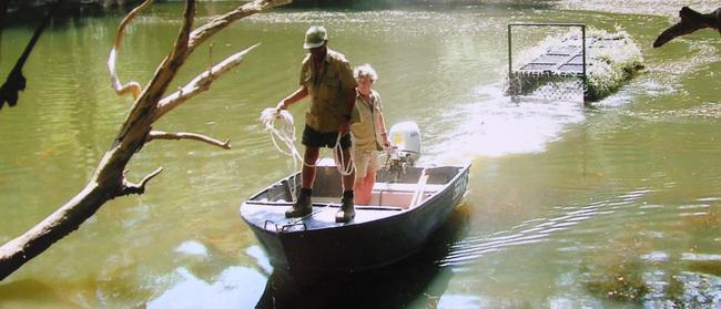 Bob Irwin’s favourite photo of he and Steve, with a floating trap on the Nesbit River, Cape York, hangs in his kitchen. Picture: courtesy Bob Irwin and Amanda French