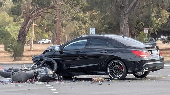 A Mercedes has collided with a motorbike at the intersection of Greenhill and Goodwood roads. Picture: Taylor Manson
