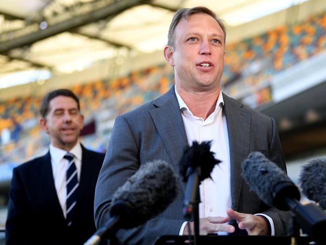 Premier Steven Miles (front) and Treasurer Cameron Dick at the Gabba