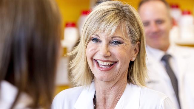 Olivia Newton-John on a tour of the La Trobe Institute for Molecular Science at La Trobe University, Melbourne in 2018. Picture: AAP