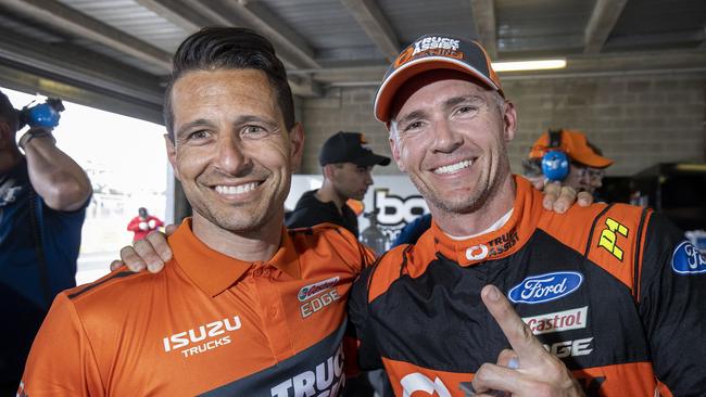 Lee Holdsworth and co driver Michael Caruso drivers of the #5 Truck Assist Racing Ford Mustang celebrate provisional pole. Picture: Mark Horsburgh/Edge Photographics via Getty Images