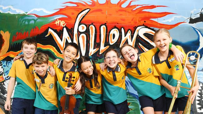 Willows State School students, Xavier Gregory, Harleim Kennedy, Adam Argall, Alanna Argall, Sophie Wilson, Arya Wilson and Lily Fryer have unveiled a new school song and music video. Picture: Shae Beplate.