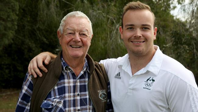 Redcliffe Olympic shooter Paul Adams with grandad, Ian Mathieson (Kippa-Ring) who introduced him to the sport and is his coach. Picture: Chris Higgins