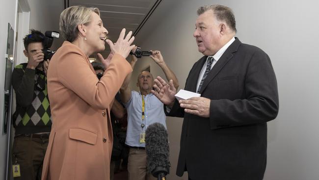 Tanya Plibersek and Craig Kelly went toe to toe in the corridors of the National Press Gallery in Parliament House. Picture: NCA NewsWire / Gary Ramage