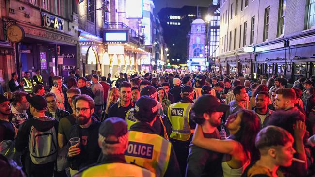 Scant social distancing in Soho on Saturday night. Picture: Getty Images