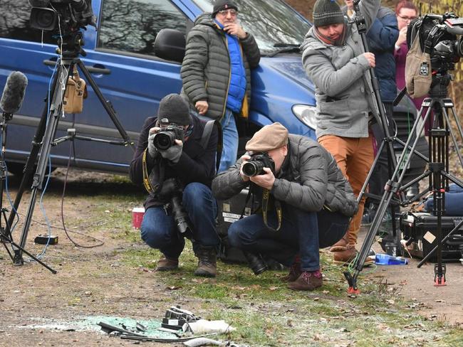 Media at the scene where Prince Philip was involved in a car accident. Picture: AP