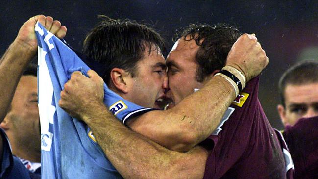 Maroons legend Gorden Tallis (right) and NSW’s Terry Hill famously square off in 1999.