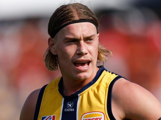 ADELAIDE, AUSTRALIA - APRIL 06: Harley Reid of the Eagles looks on during the 2024 AFL Round 04 match between the West Coast Eagles and the Sydney Swans at Adelaide Hills - Mt Barker on April 06, 2024 in Adelaide, Australia. (Photo by Dylan Burns/AFL Photos via Getty Images)