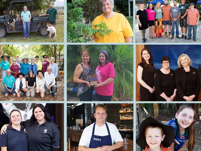 Photo collage of the 2023 Tweed Sustainability Awards winners. Clockwise from top left: Fernvale Farm, Beverley Fairley, Murwillumbah Farmers Market, Summerland Credit Union, Stokers Siding Public School, Pipit Restaurant, Kirra Dive, Fingal Head Coastcare and Agape Outreach Inc (centre).