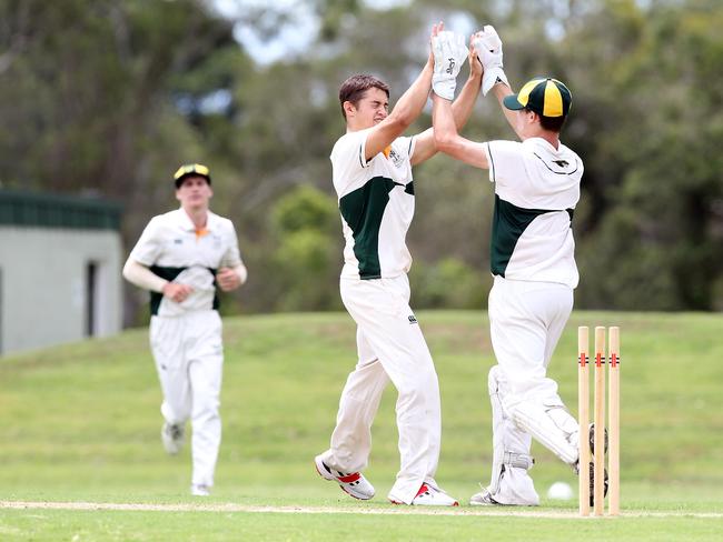 AIC First XI cricket match between home side Villanova College and St Laurence's College (batting).Photo of Cameron Bukowski taking a wicket.27 February 2021 Tingalpa Picture by Richard Gosling