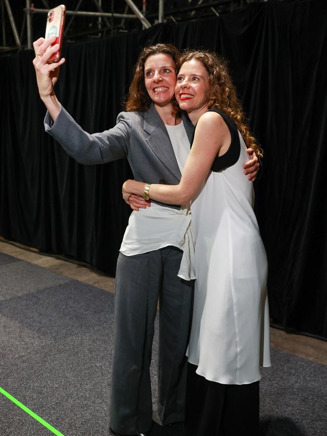 Allegra and Bianca Spender backstage after Bianca’s fashion show. Picture: Justin Lloyd.