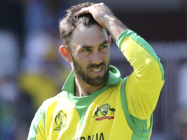 Australia's Glenn Maxwell reacts during the Cricket World Cup match between Australia and South Africa at Old Trafford in Manchester, Saturday, July 6, 2019. (AP Photo/Rui Vieira)