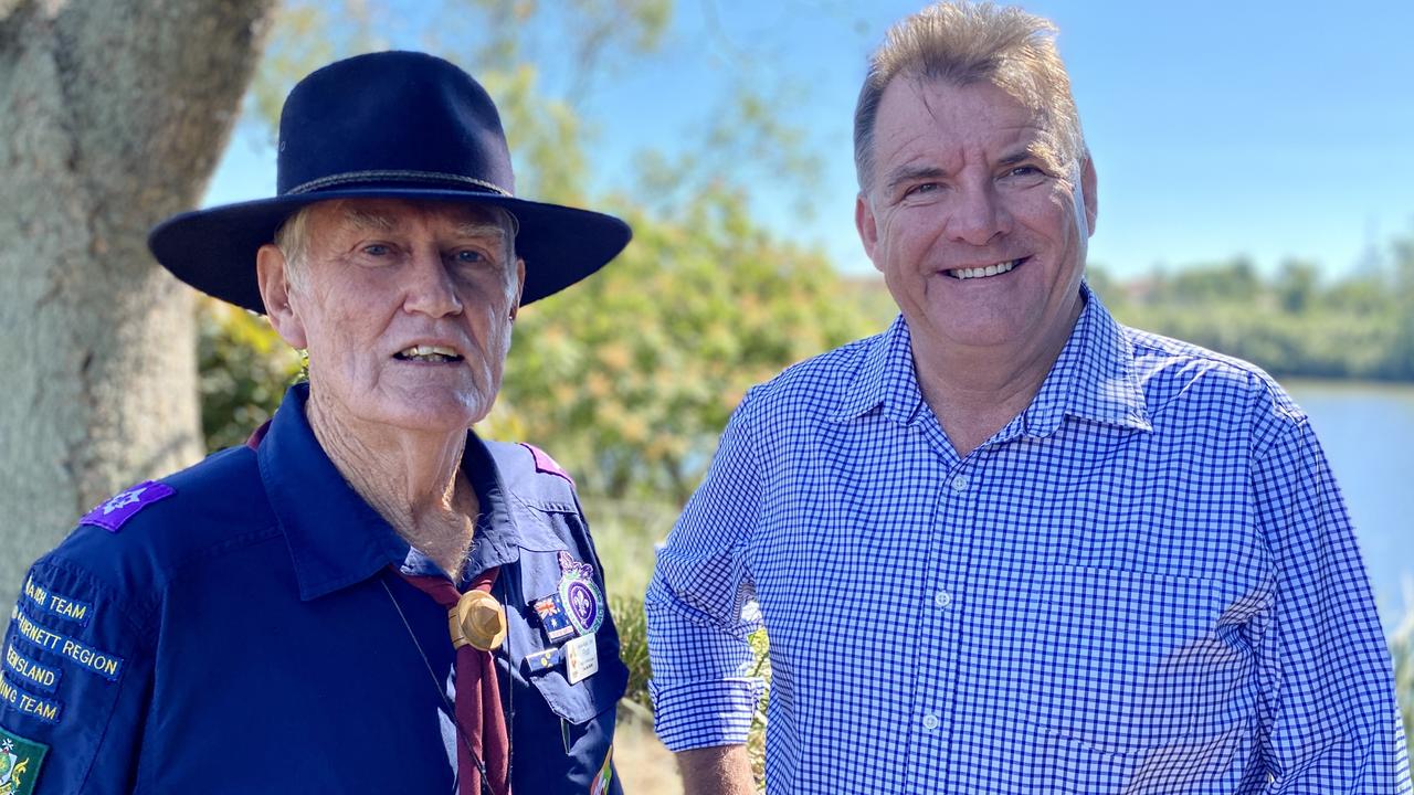 Wide Bay Burnett Scouts commissioner Maurie Wilson, pictured with LNP Member for Burnett Stephen Bennett, said after a 55-year tenure he's worried about the decrease in volunteers.