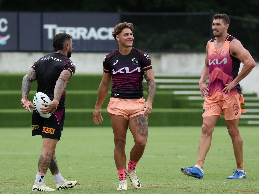 Adam Reynolds, Reece Walsh and Corey Oates at training, Red Hill. Picture: Liam Kidston