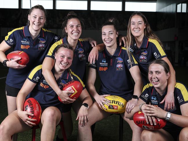 Najwa Allen was among eight new Crows players picked up in October’s AFLW draft. Pictured are: Nicole Campbell, Jaimi Tabb, Najwa Allen, Caitlin Gould, Madison Newman and Chelsea Biddell. Picture: Sarah Reed