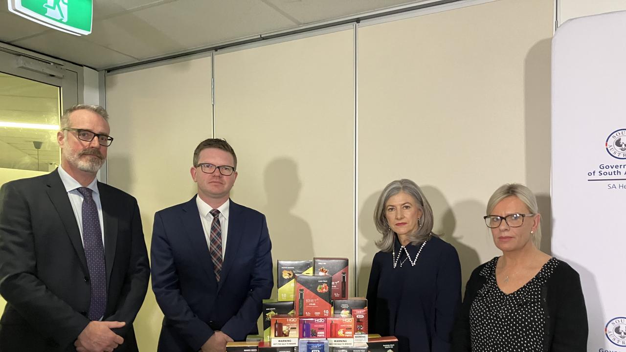 SA Health Protection and Licensing Services Executive Director Chris Lease, Health Minister Chris Picton, Chief Public Health officer Professor Nicola Spurrier and Sara Driver whose two teenage daughters became addicted to vapes. Picture: Brad Crouch