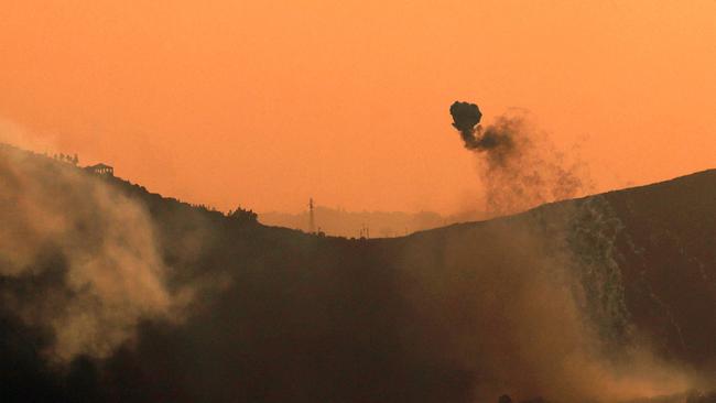 Smoke from Israeli bombardment billowing across the border in Kfarkila in southern Lebanon. Picture: AFP