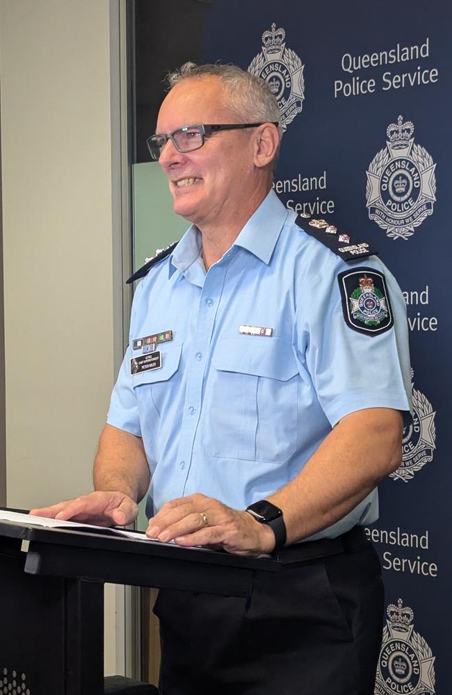 Gold Coast Acting Chief Superintendent Peter Miles speaking to reporters on May 12, 2025. Picture: Alex Treacy