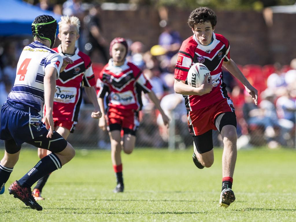 Aleksander Bradley on the way to a Valleys try against Brothers in under-13 boys Toowoomba Junior Rugby League grand final at Clive Berghofer Stadium, Saturday, September 11, 2021. Picture: Kevin Farmer