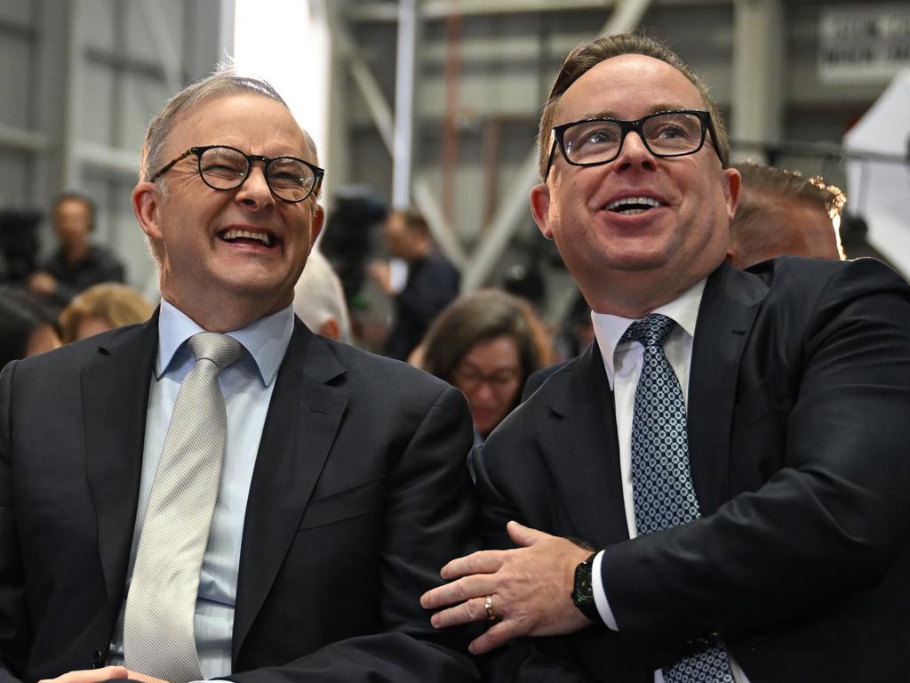 Prime Minister Anthony Albanese and then Qantas CEO Alan Joyce as Qantas unveil their Yes23 livery being carried on some of their aircraft at Sydney. Picture: AAP