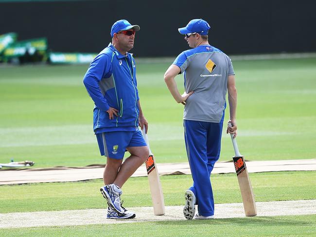 Australia’s coach Darren Lehmann and captain Steve Smith are unsure what to expect from the newly turfed SCG pitch. Picture: Phil Hillyard