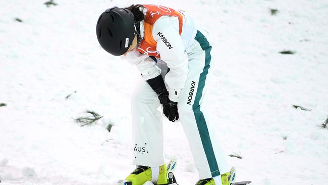 Lydia Lassila after crashing on her final jump in the Women's Freestyle Aerials qualifier, at Phoenix Snow Park. Picture: AAP.