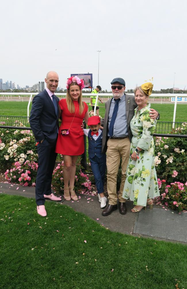 Crystel, Dennis, Christina, Nicholas and Karl at Seppelt Wines Stakes Day 2024 at Flemington Racecourse. Picture: Gemma Scerri