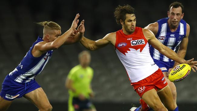 Josh Kennedy of the Sydney Swans kicks during the round-3 AFL match between the North Melbourne Kangaroos and Sydney. Picture: Getty Images