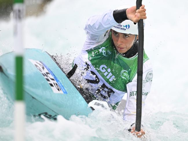 LONDON, ENGLAND - SEPTEMBER 19: Noemie Fox of Australia competes in the Women's Kayak Teams Final during the 2023 ICF Canoe Slalom World Championships at Lee Valley White Water Centre on September 19, 2023 in London, England. (Photo by Justin Setterfield/Getty Images)