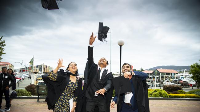 Shirisa Timilisina, Hiren Maniya and Ruchit Khambhadiya. University of Tasmania Graduations. Federation Concert Hall, Hobart. Picture: RICHARD JUPE