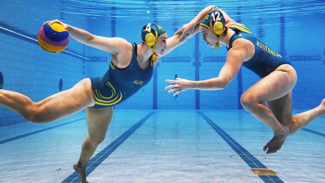 Holly Lincoln-Smith (left) and Nicola Zagame in action during the Australian women’s water polo team training camp at the Sydney Olympic Park Aquatic Centre.