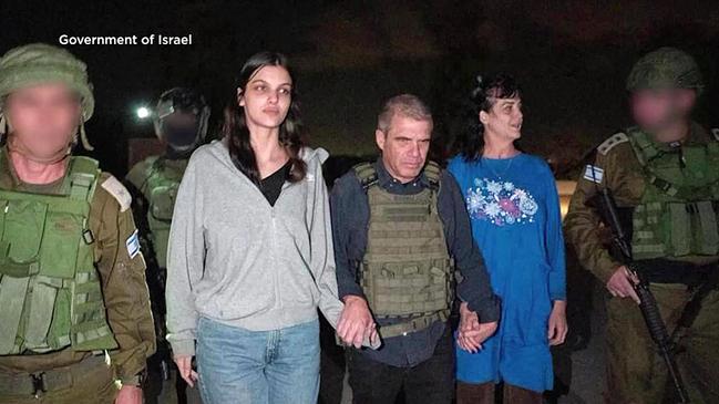 Natalie Shoshana Raanan (left) and her mother Judith Tai Raanan (right) after their release from Gaza by Hamas. Picture: AFP