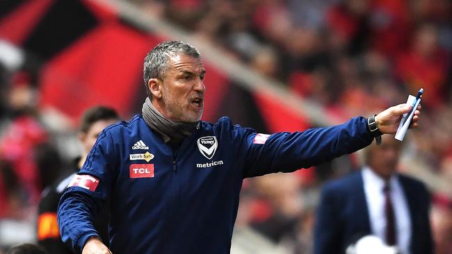 Marco Kurz coaching Melbourne Victory at Coopers Stadium with Gertjan Verbeek in the background. (Photo by Mark Brake/Getty Images)