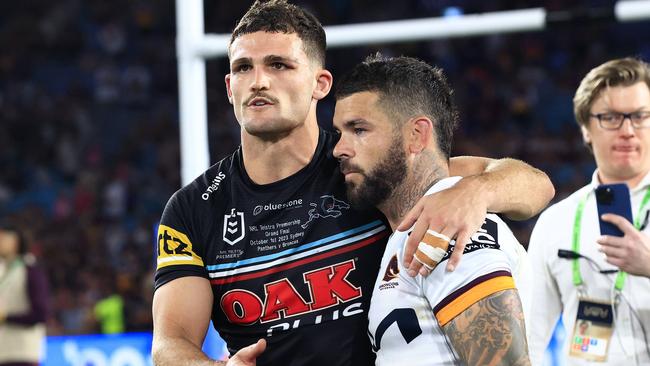 Nathan Cleary and Adam Reynolds after  the 2023 NRL Grand Final between the Brisbane Broncos and the Penrith Panthers at Accor Stadium, Sydney Olympic Park. Pics Adam Head