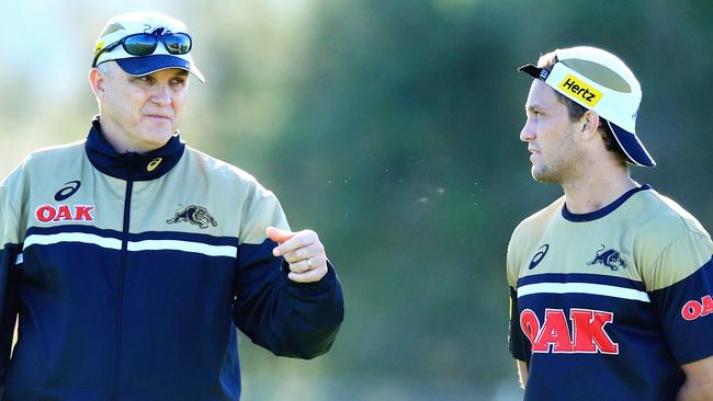 Matt Moylan talks to coach Anthony Griffin. Pic Jenny Evans