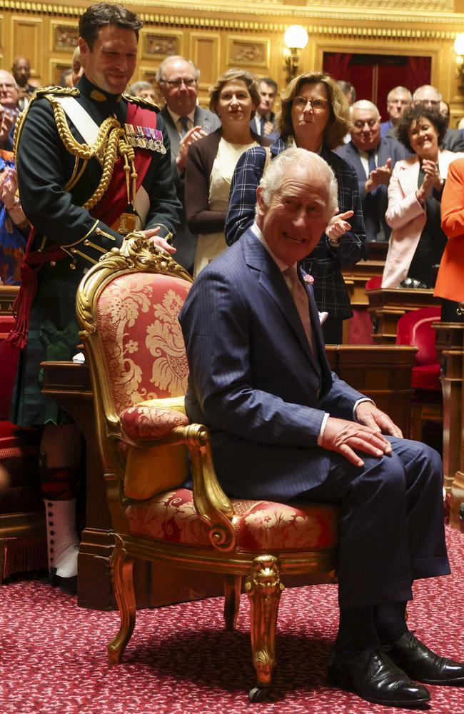 King Charles III reacts while sitting in a chair as he prepares to address Senators and members of the National Assembly. Picture: Getty