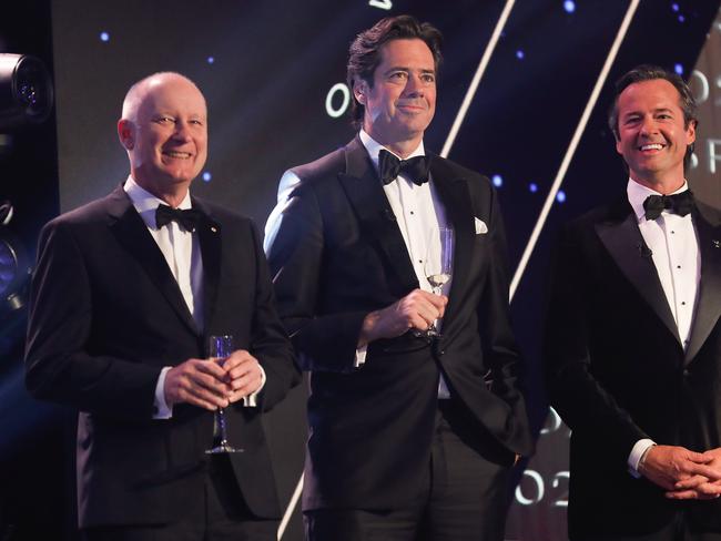 MELBOURNE, AUSTRALIA - SEPTEMBER 18: (L-R) Richard Goyder, Gillon McLachlan and Hamish McLachlan are seen during the 2022 Brownlow Medal at Crown Palladium on September 18, 2022 in Melbourne, Australia. (Photo by Michael Willson/AFL Photos via Getty Images)