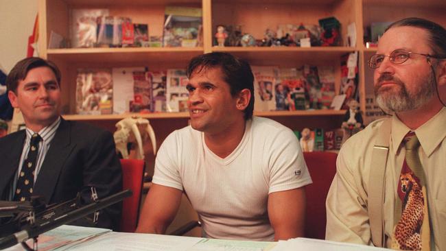 Nicky Winmar with Peter Jess after his client signed with the Bulldogs. Picture: Peter Ward