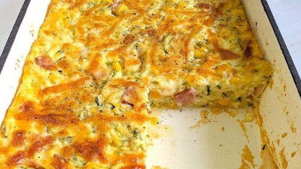 This sweet corn, bacon and zucchini slice is amazing.