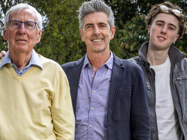 Five generations of men in James Murray's family have had prostate cancer: from great-great-grandfather to James. James, 55, with his dad Robert and his son Max, 19. Picture: Jake Nowakowski