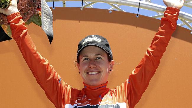 Amanda Spratt on the podium after retaining the ochre jersey following stage three of the 2019 Women’s Tour Down Under. Picture: Sarah Reed.