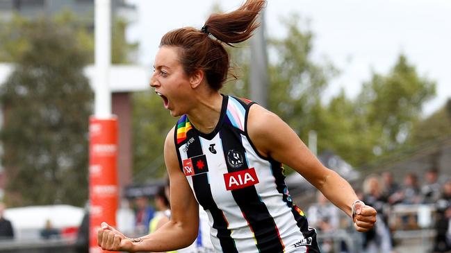 Pies captain Steph Chiocci celebrates a goal.