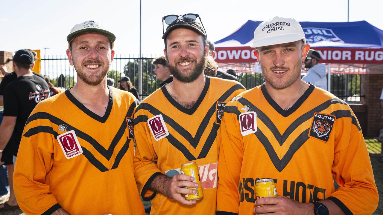 Wearing '96 grand final Southern Suburbs jerseys are (from left) Ethan Hearn, Brendan Wilson and Brain Hearn on TRL grand final day at Toowoomba Sports Ground, Saturday, September 14, 2024. Picture: Kevin Farmer