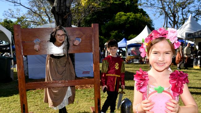 Townsville Medieval and Fantasy Festival 2024 at Cluden. Melanie Kitto with Veronica Peters, 5, and Killian Peters, 7. Picture: Evan Morgan