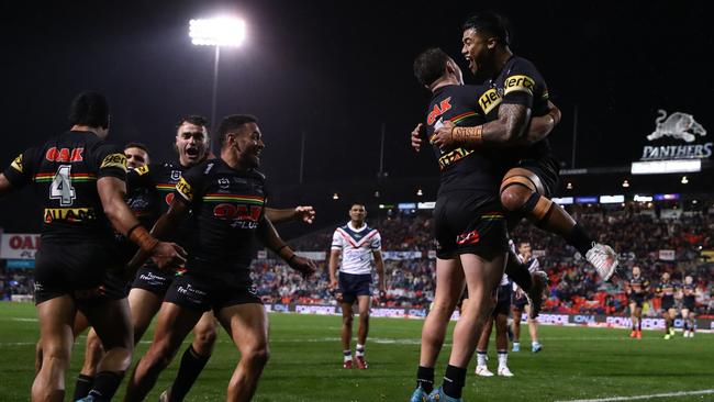 The Panthers celebrate a Brian To’o try against the Roosters at BlueBet Stadium. Picture: Jason McCawley/Getty Images