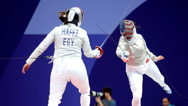 Nada Hafez of Team Egypt and Elizabeth Tartakovsky of Team US. Picture: Al Bello/Getty Images